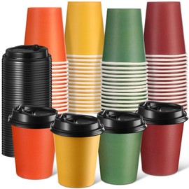 Teenyyou 48 Pack 8 oz Fall Disposable Coffee Cups with Lids Bulk Autumn Paper Orange Color Drinking Thanksgiving Party Insulated Cups for Hot Cold Drinks Travel Party Supplies