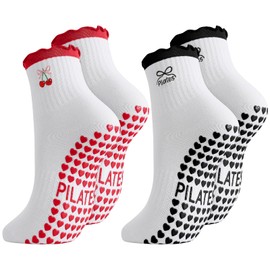 Zuimei 2 Pairs Women Cute Pilates Grip Socks Crew Yoga Non Slip Crew Sock Ruffle Cuff Embroidery Pattern Workout Ballet Sock for Women Girls Gifts, Black + Red