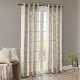 Madison Park Saratoga Single Window Curtain Light Filtering Fretwork Print 1 Panel Grommet Top Drape for Living Room Bedroom and Dorm, 50x95, Beige