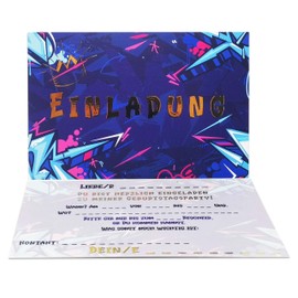 12 Invitation Cards Children's Birthday Party with Gold Foil for a Special Look and Feel - Graffiti Birthday Invitations Birthday Invitations Children Girls (Blue and Gold)