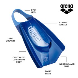 Arena Unisex Adult Powerfin Pro II Swim Training Fins Men and Women Silicone Short Blade Flippers Left/Right Customized, Blue, Size 6-7