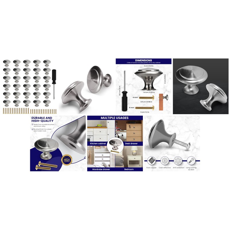 HEALUA 30 Pack Brushed Nickel Cabinet Pulls 1-1/4 inch Kitchen