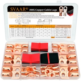 Copper Lugs kit 1/0 Gauge 2 Gauge 6 Gauge Battery Cable Lugs 5/16" and 3/8" Stud Ring Terminals Heavy Duty 0 2 6 AWG Wire Lugs 28 Pcs Battery Cable Ends Wire Connectors with 28 Pcs Heat Shrink Tubing