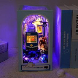 3D Puzzle Miniature House Kit Bookend Bookend LED Bookshelf Decoration Handmade Kit Assembly Wooden Puzzle Wood Craft Illustration (Illusion Underwater)
