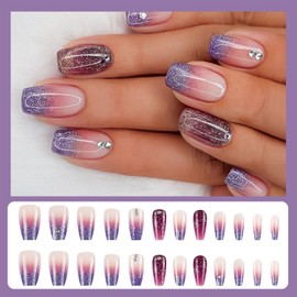 Coffin Press on Nails Medium Purple Red French Tip Fake Nails with Design Full Cover Glitter Rhinestone Glue on Nails Artificial Acrylic Nails Stick on Nails for Women 24 Pcs