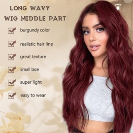 BEAUTIFA Burgundy Wig for Women, Long Red Wavy Wig Middle Part 26 Inch Red Wigs Natural Looking Heat Resistant Synthetic Wigs for Daily Party Use