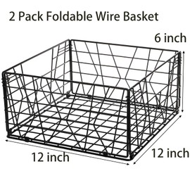 TOPZEA 2 Pack Black Metal Food Storage Basket for Pantry Organization, Foldable Wire Cabinet Organizers with Handle, Canned Goods Snack Baskets Freezer Bins for Organizing Kitchen, Bathroom, Garage