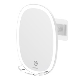 Impressions Vanity Fogless LED Shaving Mirror for Men, Scaped Tri Tone Power Operated 360 Degree Swivel Travel Mirror with Adhesive, Adjustable Shower Mirror with Razor Holder (White)