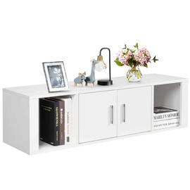 White Wall Mounted Floating Media Storage Cabinet Hanging Desk Flat Panel TV Stand Ample Storage Space with 4 Compartments 2 Magnetic Doors Perfect for Home Living Room Bedroom Kitchen Bathroom Use