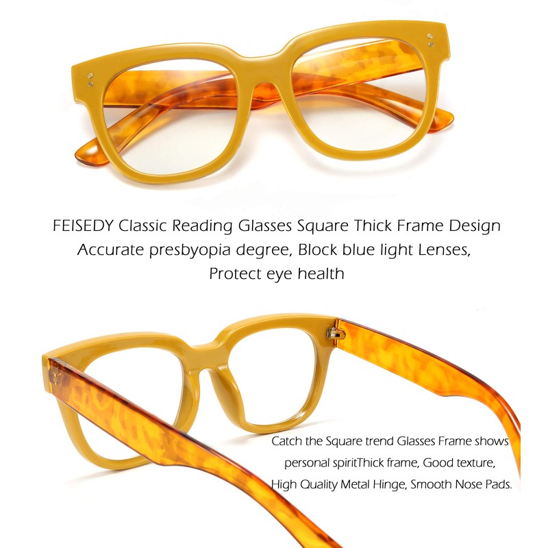 FEISEDY Retro Square Thick Big Frame Blue Light Blocking Reading