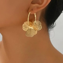 Boho Gold Flower Earrings for Women Floral Statement Hoop Dangle Earrings Vintage Petal Flower Drop Earrings Prom Wedding Jewelry Gift, Large, Metal, No Gemstone