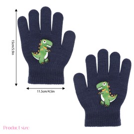 CHEERYMAGIC Kids Gloves, Children Stretchy Warm Thermal Gloves Winter Magic Full Fingers Gloves Cute Dinosaur Pattern Mittens Knit Gloves for Boys Girls 5-11 Years Old Navy A7KLST