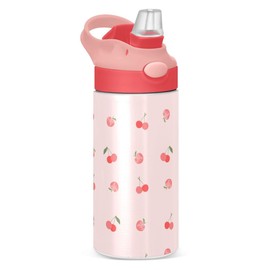 ALAZA Cherry Peach Fruits Kids Water Bottles Insulated Stainless Steel Tumbler Travel Cup Lids Straw Double Walled Leakproof 12 OZ