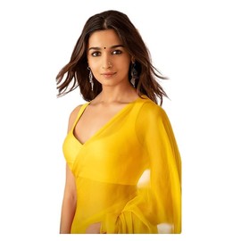 Accessorize Kingdom Women's Plain Pure Georgette Saree With Unstitched Blouse Piece (Rocky Aur Rani Ki Prem Kahani Alia Bhatt Saree) (Yellow)