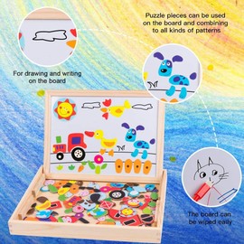 Uping Magnetic Wooden Puzzle Easel Double-Sided Board Wooden Board Doodle 155 Pieces for Children from 3 Years Farm