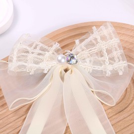 HAIRUO Bow with Crystal Hair Clip for Women Teen Girls Fashion Lace Bow Pearl Beige Hair Clip Party Hair Accessories