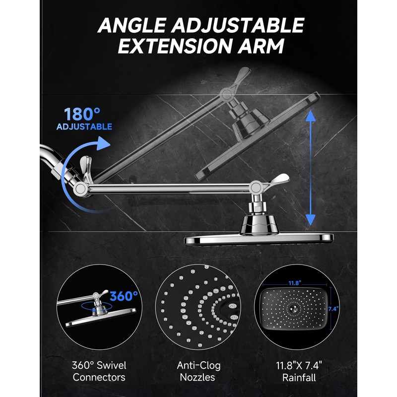 Veken 11.8" Rain Shower Head, Rectangular Rainfall Showerhead with 11"