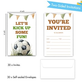 Soccer Birthday Invitations, Sports Party Invitations for Boys Girls, Kids Birthday Invitation Cards with Envelopes (30PACK), Soccer Fill-in Invites Supplies and Decoration