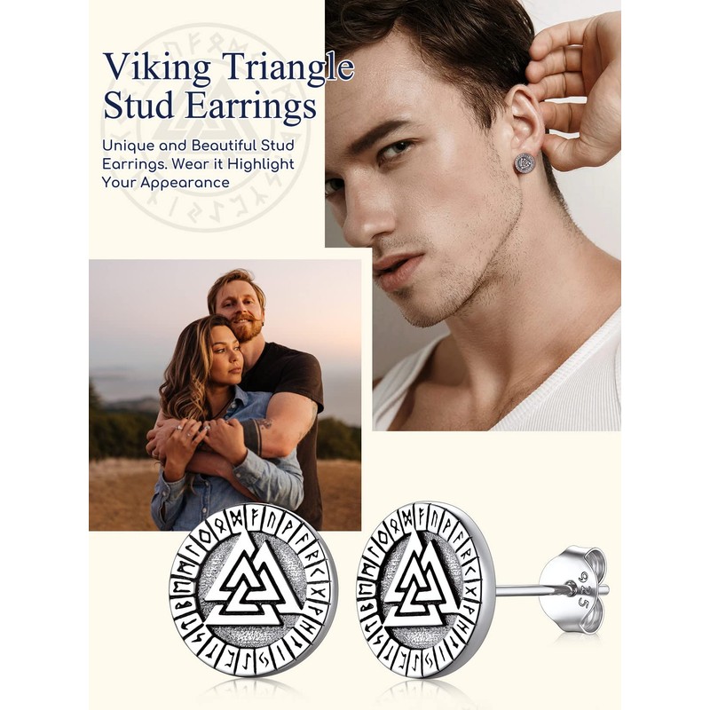 Suplight 925 Sterling Silver Valknut Viking Rune Stud Earrings Flat