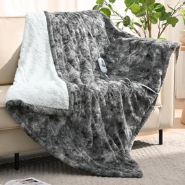 Sunable Heated Electric Throw - Machine Washable Soft Comfortable Heating Blanket with 4 Heat Settings 50×60 inches Marble Grey - Faux Fur & Sherpa