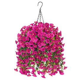 Artificial Hanging Flowers with Basket Outdoors Fake Flowers Plants,3 PCS Faux Silk Fuchsia Morning Glory Flower with Eucalyptus Leaves Realistic Greenery Vines for Wall Home Porch Patio Balcony Yard