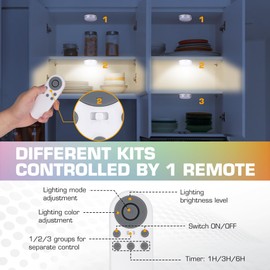 EverBrite Puck Lights with Remote, Rechargeable 2000mAh Linked Sensor Under Cabinet Lights, Three Group Control, 10 RGB Colors Closet Lights, Dimmable Cabinet Lights for Kitchen, Bedroom (6-Pack)