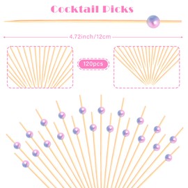 Crafterlife 120pcs Mermaid Pearl Cocktail Picks Fancy Long Toothpicks Sticks Skewers, 4.7", Disposable, Made of Natural Bamboo, for Appetizer Charcuterie Fruit Drinks Sandwich Dessert Food Garnish