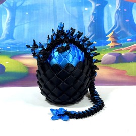 3D Printed Dragon, Black and Blue Cherry Blossom Dragon in Dragon Egg, 12" Articulated Adult Fidget ADHD Autism Toy, Home Office Decor Executive Desk Toy - D080-BBE