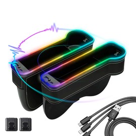 SUYUDSM LED Car Seat Gap Filler Organizer, Upgraded Music Rhythm Mode LED Light Car Gap Filler with Cup Holder USB and Type-C Charger 10 Light Modes (2 Pack)
