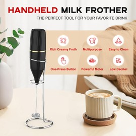 Homexup Handheld Milk Frother 14,000 RPM Drink Mixer Wand with Stand & Stirring Spoon Quiet One-Button Operation, Non-Slip Handle, Detachable Whisk Head for Coffee, Lattes, Cappuccinos, Matcha (Black)
