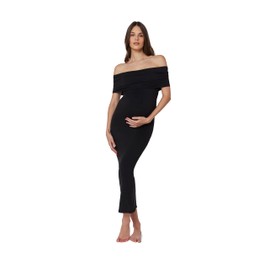 BUMPSUIT Off The Shoulder Maternity Dress for Pregnancy, Stretchy Fabric Foldover Neckline Ladies Long Maternity Maxi Dress Black