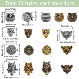 SUNNYCLUE 1 Box 60 Pieces Wolf Beads Owl Beads Bulk Tibetan Style Antique Silver Bronze Golden Animal Beads 3D Lion Head Fox Leopard Loose Spacer Beads Alloy Metal Beads for Jewellery Making
