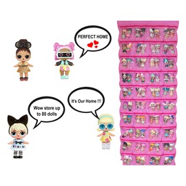 HOME4 LOL Toys Hanging Over The Door Storage Organizer Carrying Travel, 40 Clear View Pockets, Roll Up, for Small Dolls, Cars, Jewelry, Hair Accessories, Arts & Crafts, Bead, Sewing and More (Pink)