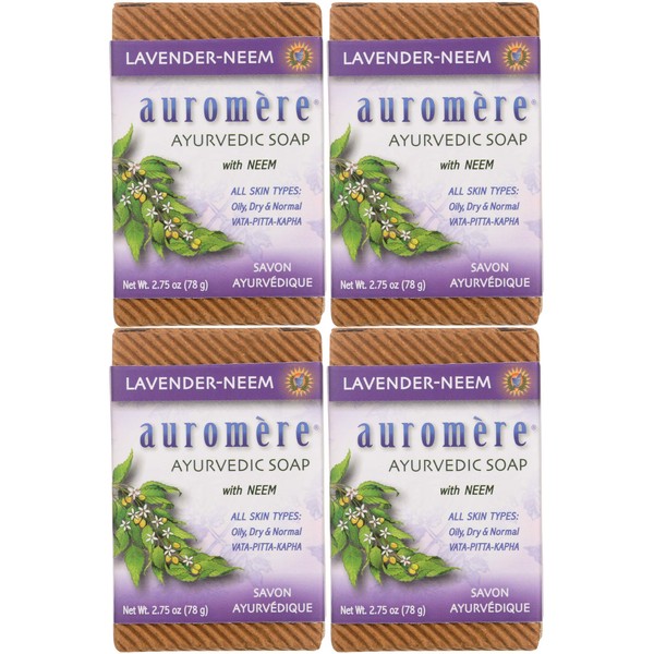 Auromere Ayurvedic Bar Soap, Lavender Neem - Eco Friendly, Handmade, Vegan, Cruelty Free, Natural, Non GMO (2.75 oz), 4 pack