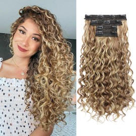 REECHO Curly Hair Extensions, 4PCS 20 inch Clip in Hair Extensions Lace Weft Short Curly Extensions Clip Ins Invisible Natural Hairpieces for Women, Light Brown with Blonde Highlights