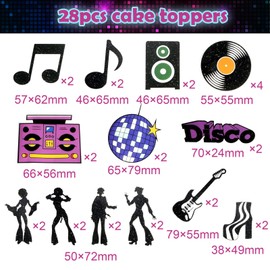 28Pcs Disco Party Cupcake Toppers Disco Party Supplies 1970s Disco Throwback Party Cupcake Toppers for Retro Disco Fever Dance Party 70's Boogie Party 1970s Birthday Hippie Party Favors