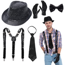 Glitter Accessories Men's Glitter Costume with Tie, Sequins Men's Hat Gloves, Braces, Bow Tie, Glitter Outfit Men for Fancy Dress Party Dance Performence, black