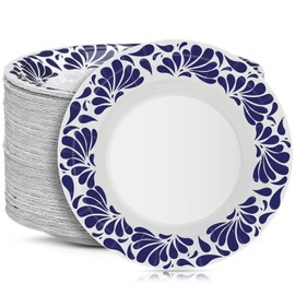 Yungyan 100 Pcs Talavera Paper Plates Cantaritos De Barro Mexicanos Paper Plates Blue and White Disposable Tableware Party Supply for Wedding Baby Shower Party (9 Inch)