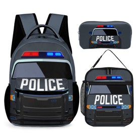 ZCJB-WSRY Cool Police Car School Backpack with Lunch Box & Pencil Case