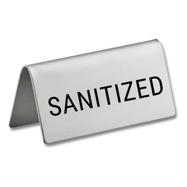 Sanitized Stainless Steel Metal Table Tent Sign - 3" x 1-1/2" - Table Top Setting for Restaurants, Catering Businesses, Business. Great for Wedding, Banquet, Buffet, Party, Events. To Label Sanitized Areas-4 PK