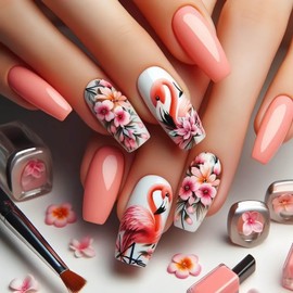 RTKHFZE Spring Press on Nails Medium Coffin Fake Nails with Flower and Flamingo Pattern Design,Pink Glue on Nails Gift for Holiday/Christmas Day/Daughter/Party