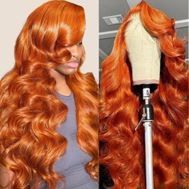 Suresen 32 Inch 350 Ginger Body Wave Lace Front Wigs Human Hair Pre Plucked 180% Density 13x4 HD Transparent Lace Frontal Wigs for Black Women Orange Colored Wig with Baby Hair