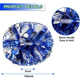 Lovecheer 2PCS Pom Poms Cheerleading Blue and Silver Metallic Cheer Pom Poms with Baton Handle for Sports Team Spirit Party Cheering