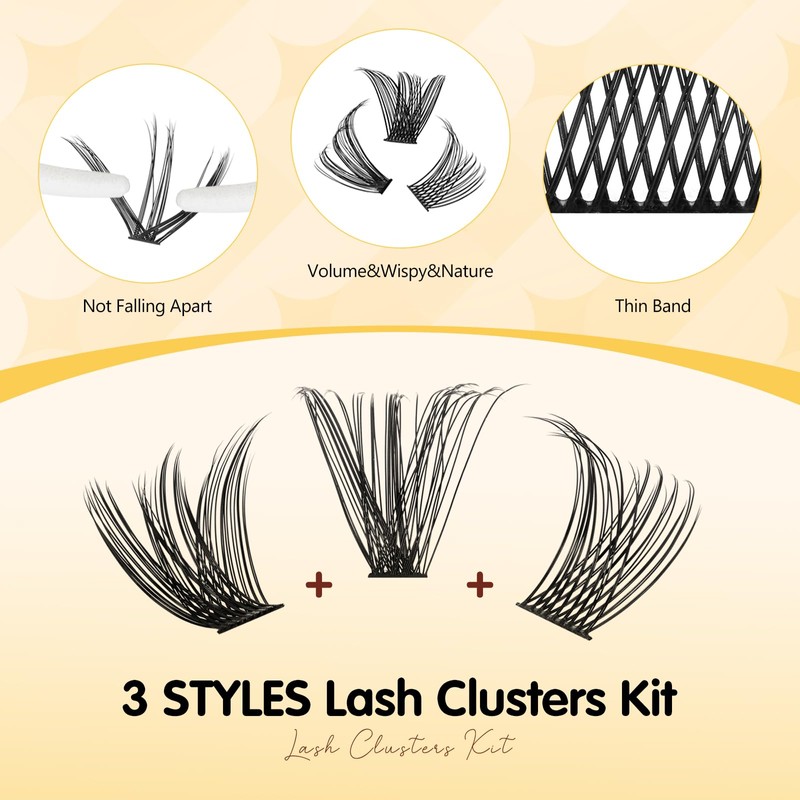 QUEWEL Lash-Cluster Kit 176Pcs D Curl Mixed 3 Styles Eyelashes-Individual