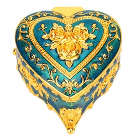 Heart Shaped Jewelry Box Soft Velvet Lining Ladies Girls Vintage Trinket Storage Box for Earrings Necklace Bracelet Gold+Blue