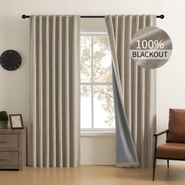 CUCRAF 100% Blackout Back Tab and Rod Pocket Curtains 63 Inch Length 2 Panels Set, Natural Linen Curtain for Living Room Bedroom, Room Darkening Window Drapes Thermal Insulated, (52x63 inch, Linen)