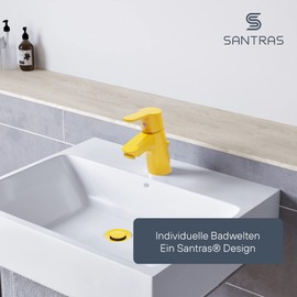 SANTRAS® Eccentric Drain Fitting Premium for Washbasin with Protection Against Overflow in Yellow - Complete Overflow Set with Drain Plug in 1 ¼ for Tap with Pop-Up Set