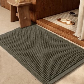 Waffle Bath Mat Oliver Green 32"x20", Boho Woven Modern Bathroom Rug Mat, Absorbent Non Slip Bathroom Floor Mat, Soft Washable Bath Rugs with Tassels for Bathroom, Bedroom, Kitchen, Shower, Tub