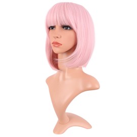 MapofBeauty 12 Inch /30 cm Fashion Lady Short Straight Synthetic Flat Bangs Bob Wig (Pink Pale)