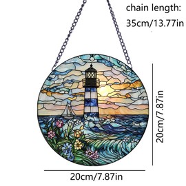 Round Stained Glass Window Hanging, Lighthouse Suncatchers Wall Decor Art for Windows, Gifts for Women, Grandma, Housewarming | Vibrant Colors, Indoor/Outdoor Décor (Color-Blue)